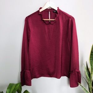 Topshop Long Sleeve Burgandy Silky Top Poet Sleeve